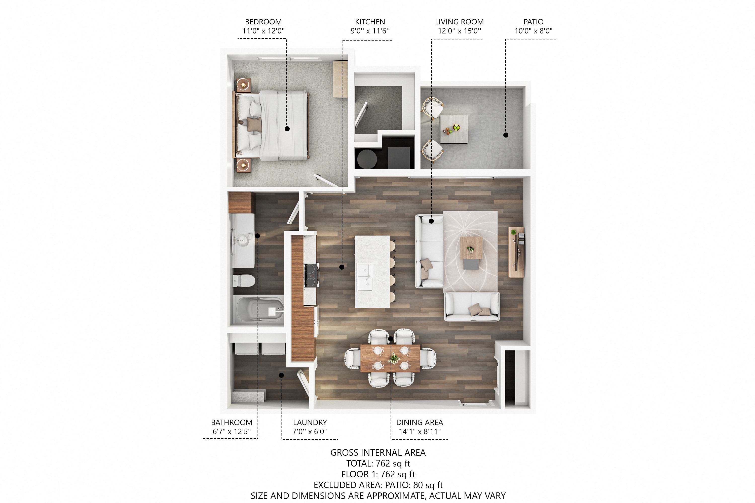 Floor plan for 1 bed, 1 bath, 804 sqft